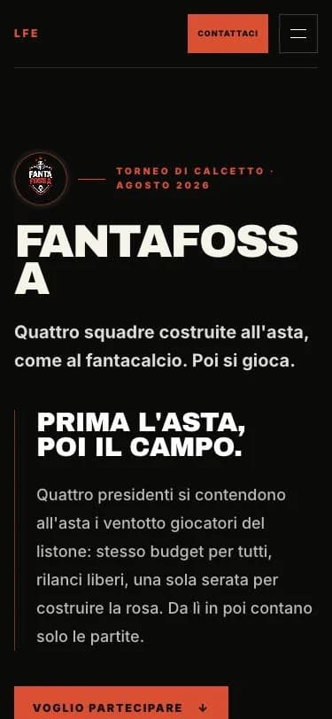 The FantaFossa page in black and red: four teams built at an auction, then the matches.