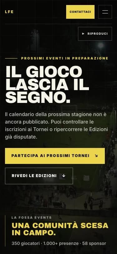 The La Fossa Events home page: a large headline over a night photo of the pitch, a yellow button to join the next tournaments, and the line 350 players, 1,000+ attendees, 58 sponsors.