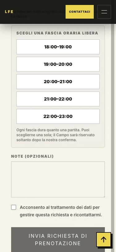 The pitch booking form with five free one-hour slots from 6 to 11 pm and a note that the pitch is only reserved after the staff confirm.
