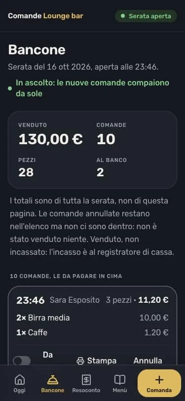 The counter screen: a green line says it's listening for new orders, a card shows 130 euros sold over 10 orders and 28 items, and below it the latest order with two medium beers and a coffee.