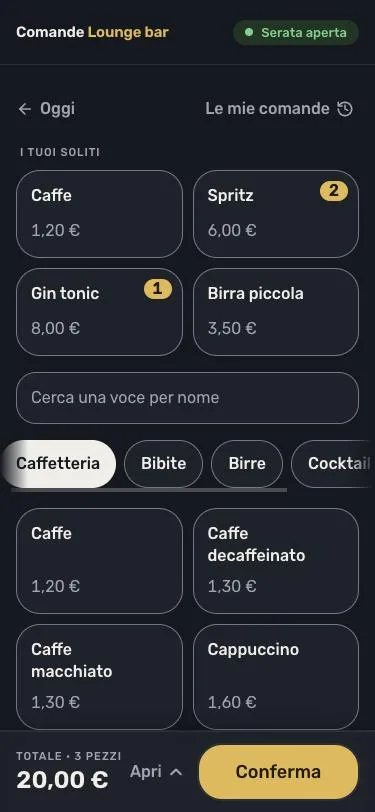 The new order screen in dark mode: the staff member's usual items at the top with counters on Spritz and Gin tonic, a search field, category tabs and a total of 20 euros with a Confirm button.